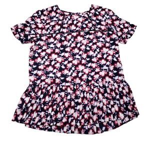Banana Republic Factory Floral Pleated Ruffle Hem Top Black Pink Size XS